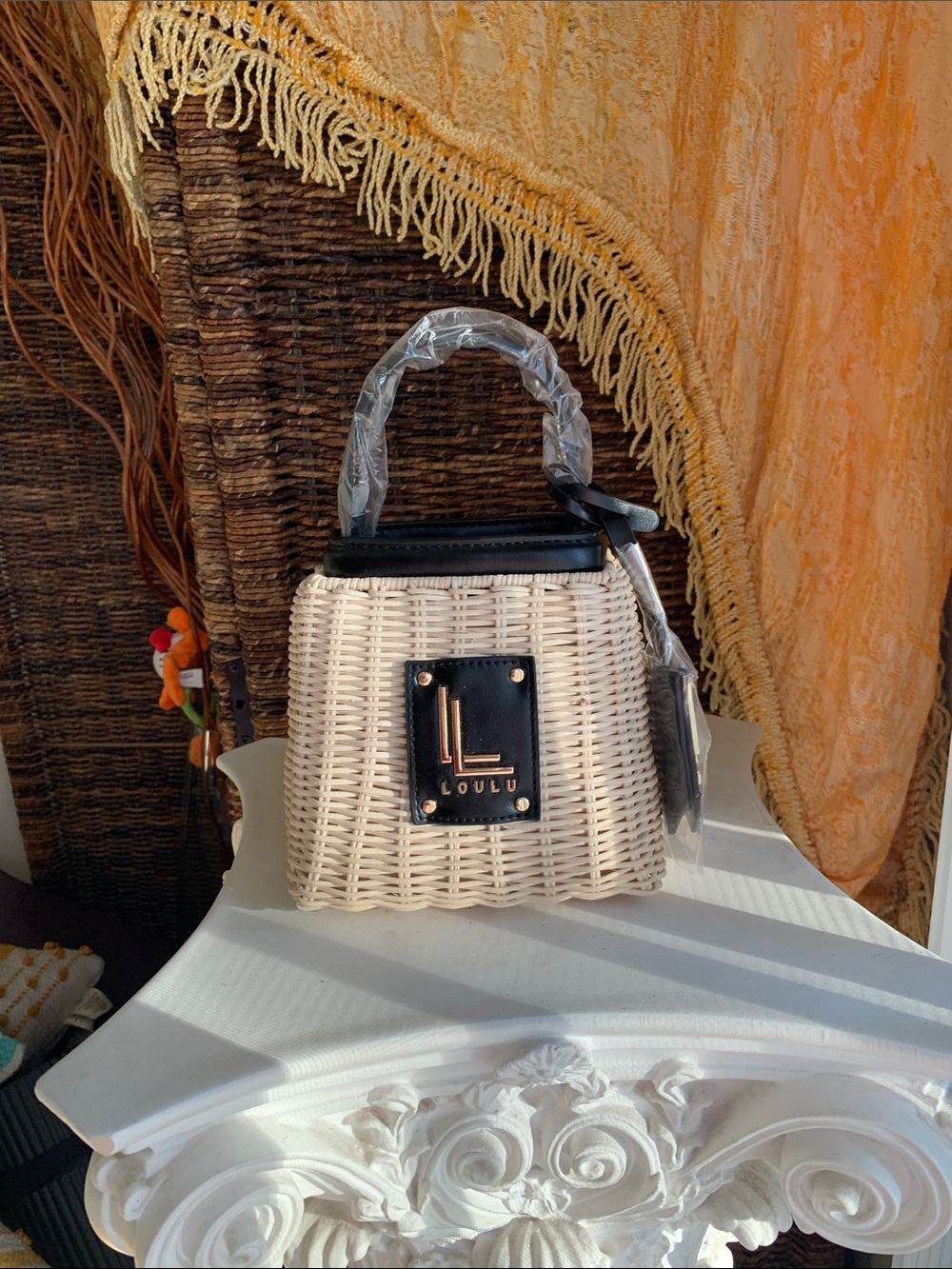 Loulu Cream Woven Mini Top-Handle Bag with Crossbody strap and Black Trim
